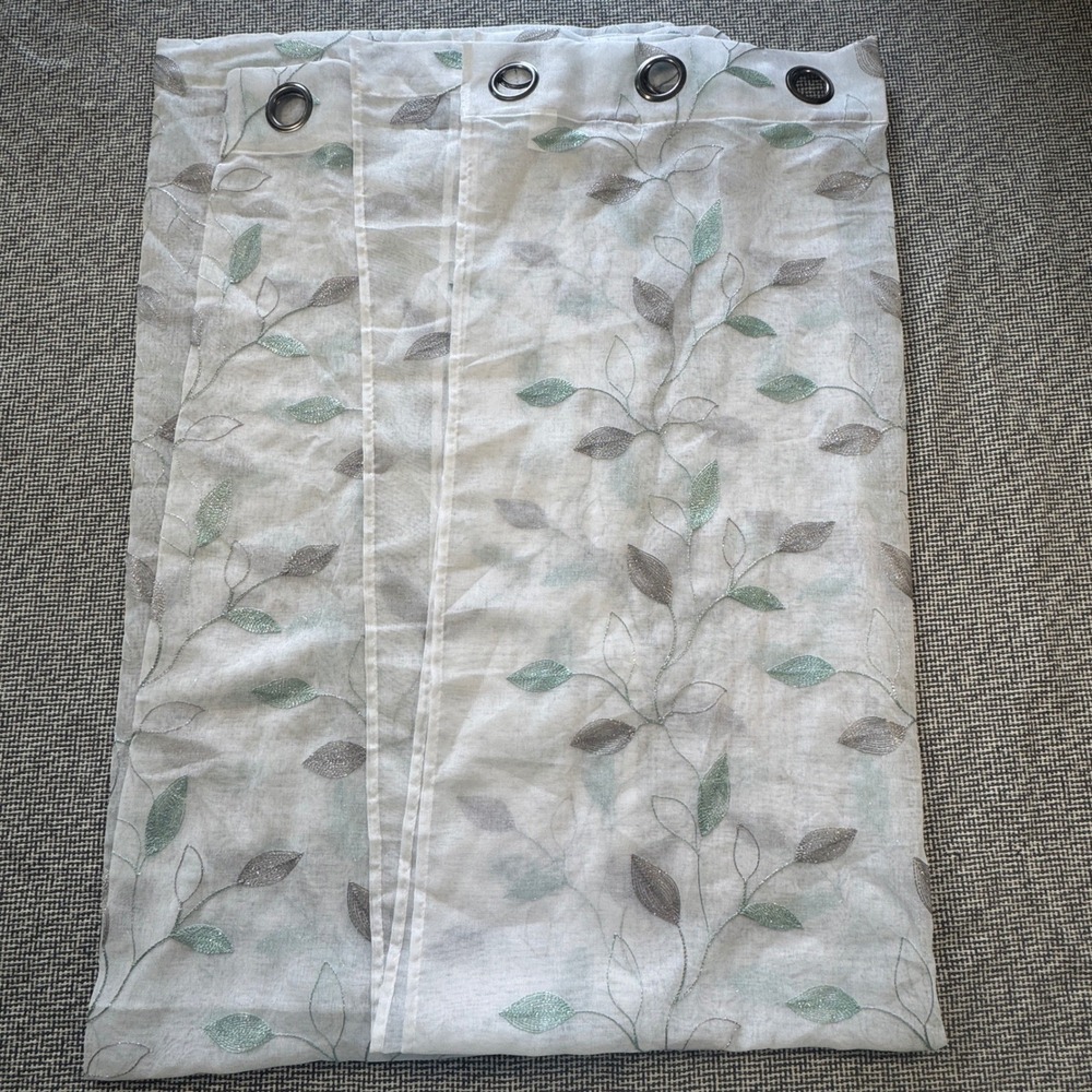 Embroidered Leaf Vine Sheer Curtain Panels White Silver Sage Green Grommet 84in